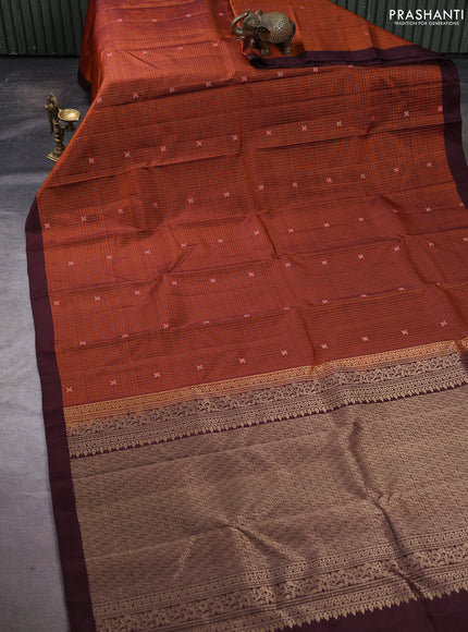 Pure soft silk saree rust shade and coffee brown with allover zari weaves & buttas and simple border