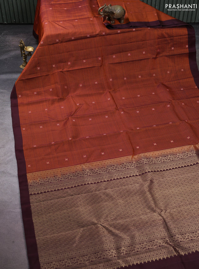 Pure soft silk saree rust shade and coffee brown with allover zari weaves & buttas and simple border