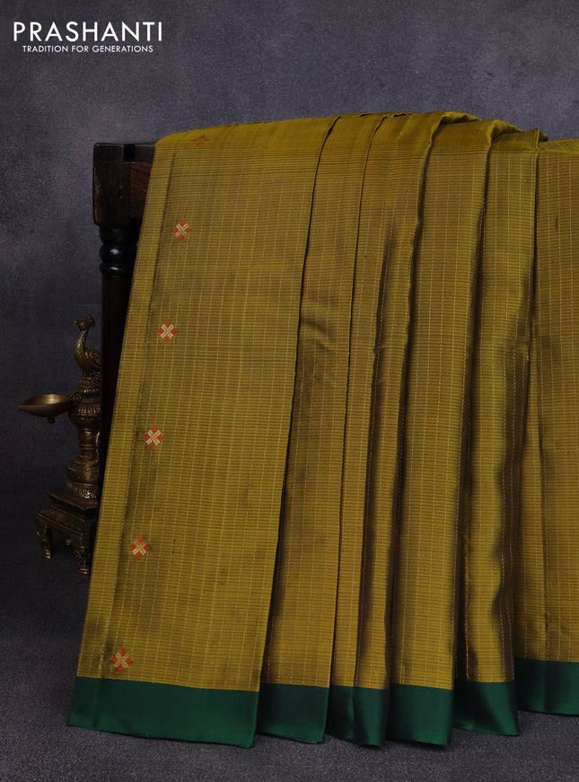 Pure soft silk saree mehendi green and green with allover zari weaves & buttas and simple border