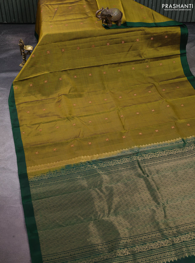 Pure soft silk saree mehendi green and green with allover zari weaves & buttas and simple border