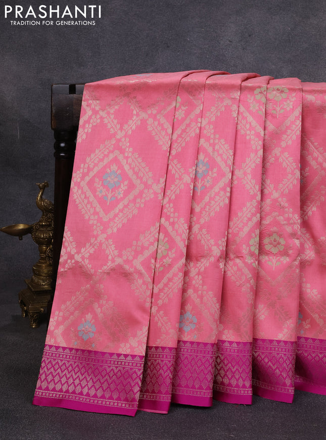 Banarasi katan silk saree peach pink and purple shade with allover zari weaves and zari woven border