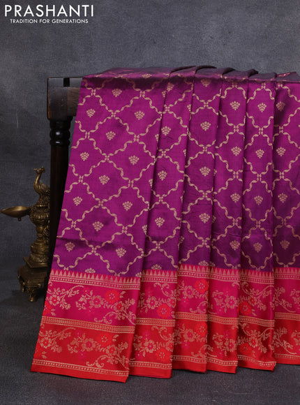 Banarasi katan silk saree purple and pink red with allover zari weaves and zari woven border