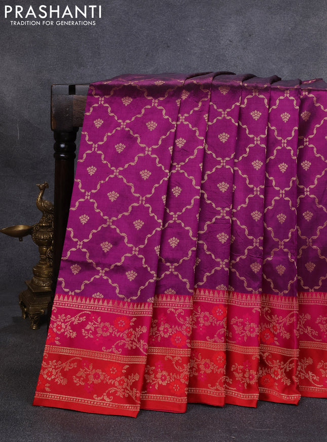Banarasi katan silk saree purple and pink red with allover zari weaves and zari woven border