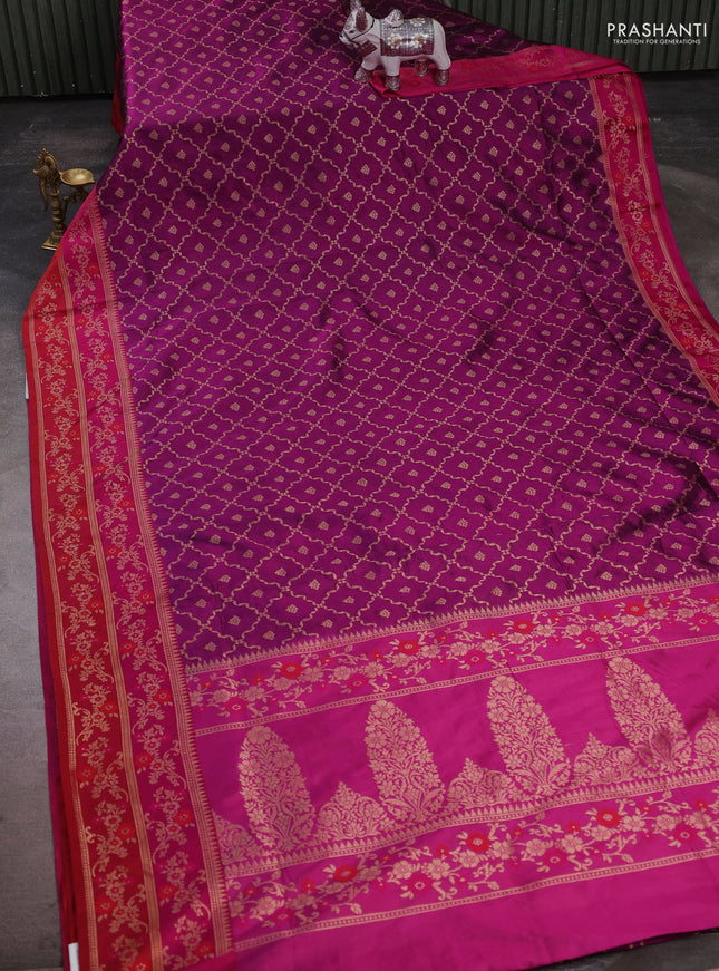 Banarasi katan silk saree purple and pink red with allover zari weaves and zari woven border