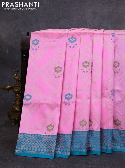 Banarasi katan silk saree light pink and teal green with allover zari weaves and zari woven border