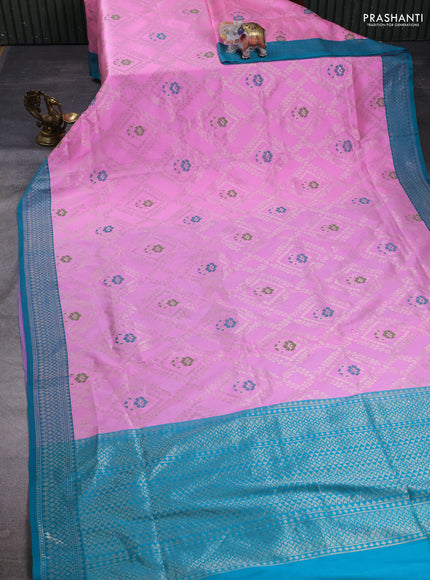 Banarasi katan silk saree light pink and teal green with allover zari weaves and zari woven border