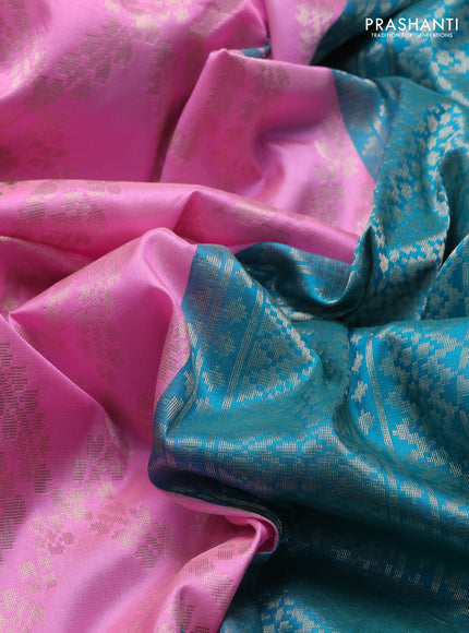 Banarasi katan silk saree light pink and teal green with allover zari weaves and zari woven border