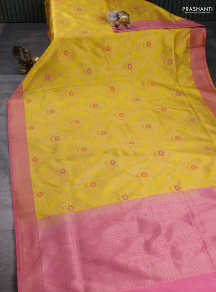 Banarasi katan silk saree yellow and peach pink with allover zari weaves and zari woven border