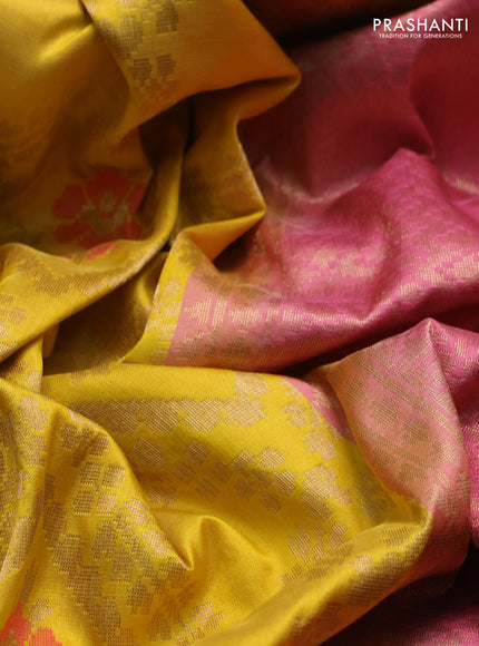 Banarasi katan silk saree yellow and peach pink with allover zari weaves and zari woven border