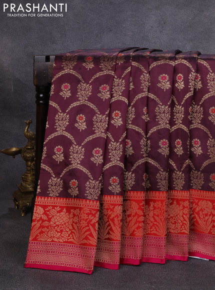 Banarasi katan silk saree wine shade and red pink with allover zari woven floral weaves and zari woven border