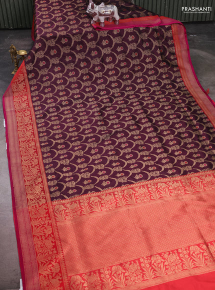 Banarasi katan silk saree wine shade and red pink with allover zari woven floral weaves and zari woven border