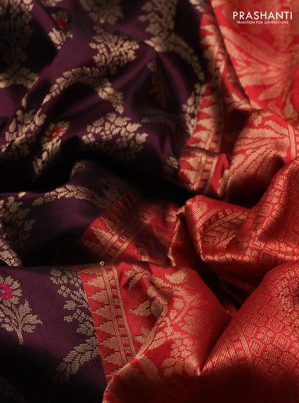 Banarasi katan silk saree wine shade and red pink with allover zari woven floral weaves and zari woven border