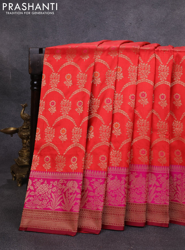 Banarasi katan silk saree red and pink maroon with allover zari weaves and zari woven border