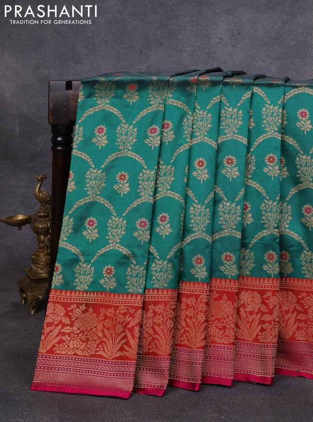 Banarasi katan silk saree green and red pink with allover zari woven floral weaves and zari woven border