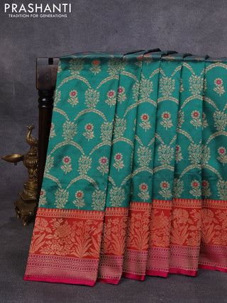 Banarasi katan silk saree green and red pink with allover zari woven floral weaves and zari woven border