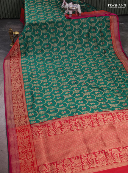 Banarasi katan silk saree green and red pink with allover zari woven floral weaves and zari woven border