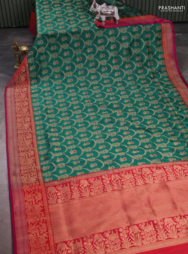 Banarasi katan silk saree green and red pink with allover zari woven floral weaves and zari woven border