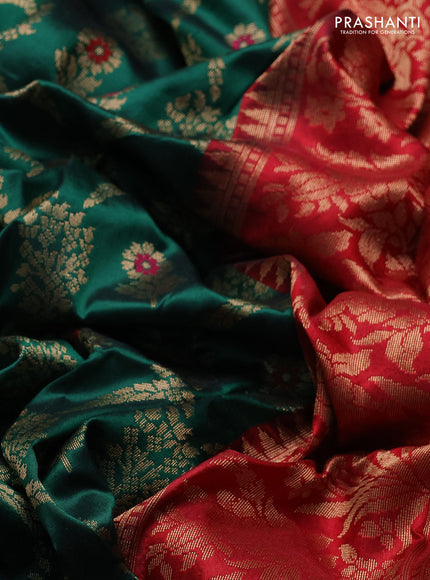 Banarasi katan silk saree green and red pink with allover zari woven floral weaves and zari woven border