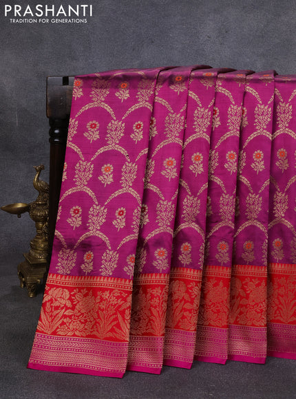 Banarasi katan silk saree dark magenta pink and red with allover zari woven floral weaves and zari woven border