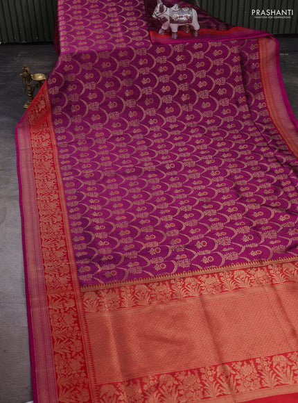 Banarasi katan silk saree dark magenta pink and red with allover zari woven floral weaves and zari woven border