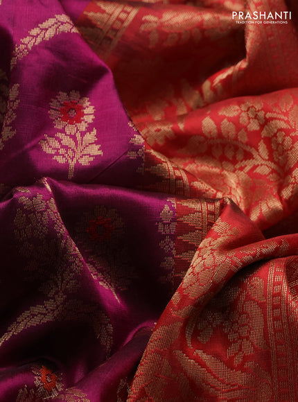 Banarasi katan silk saree dark magenta pink and red with allover zari woven floral weaves and zari woven border