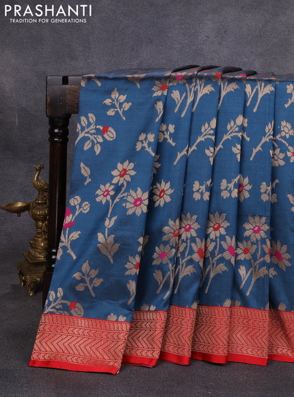 Banarasi katan silk saree peacock green and red with allover zari woven floral weaves and zari woven border