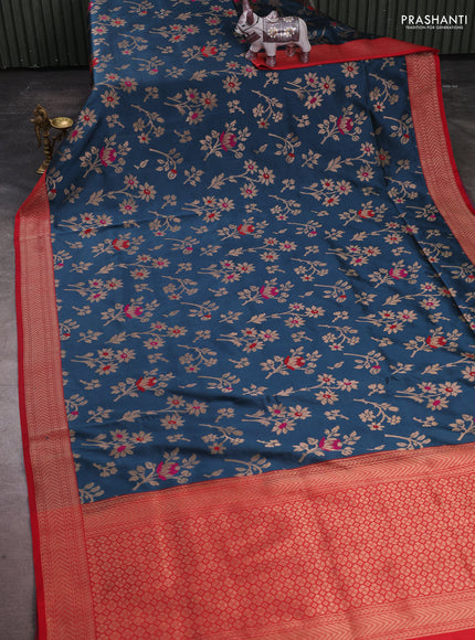 Banarasi katan silk saree peacock green and red with allover zari woven floral weaves and zari woven border