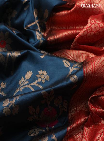 Banarasi katan silk saree peacock green and red with allover zari woven floral weaves and zari woven border