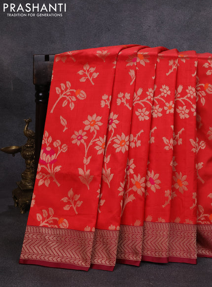 Banarasi katan silk saree red and maroon with allover zari woven floral weaves and zari woven border