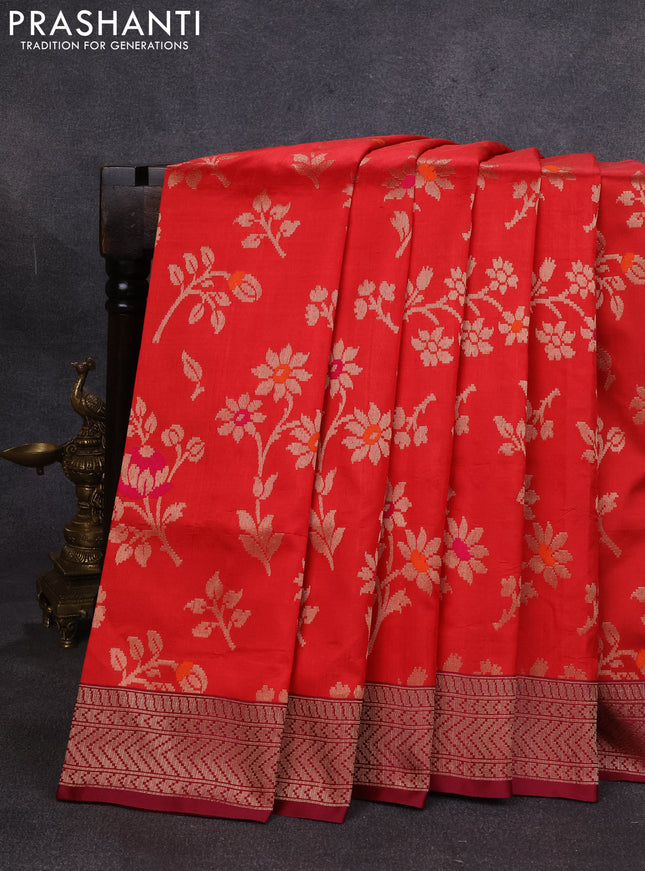 Banarasi katan silk saree red and maroon with allover zari woven floral weaves and zari woven border