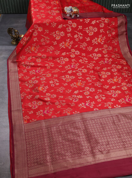 Banarasi katan silk saree red and maroon with allover zari woven floral weaves and zari woven border