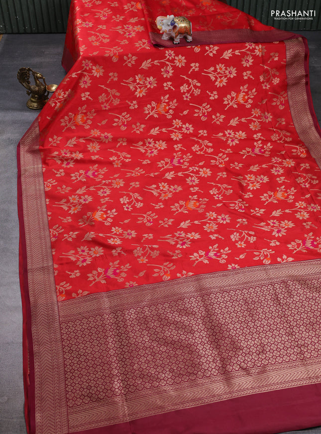 Banarasi katan silk saree red and maroon with allover zari woven floral weaves and zari woven border