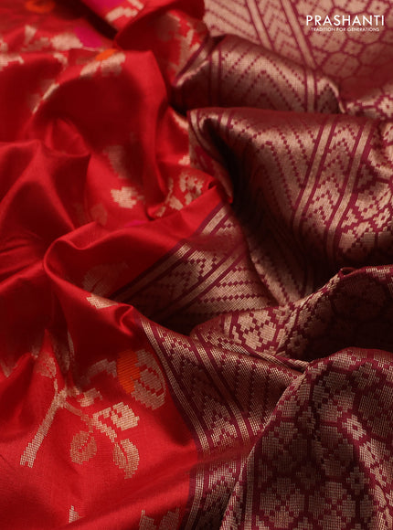 Banarasi katan silk saree red and maroon with allover zari woven floral weaves and zari woven border