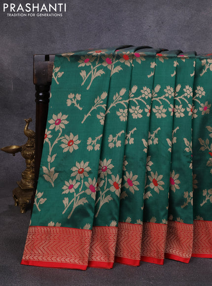Banarasi katan silk saree green and red with allover zari woven floral weaves and zari woven border