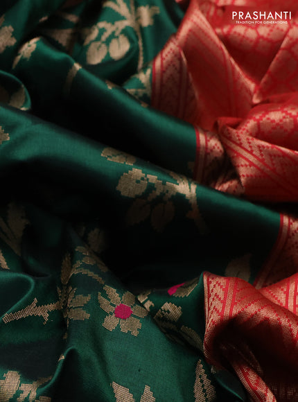 Banarasi katan silk saree green and red with allover zari woven floral weaves and zari woven border