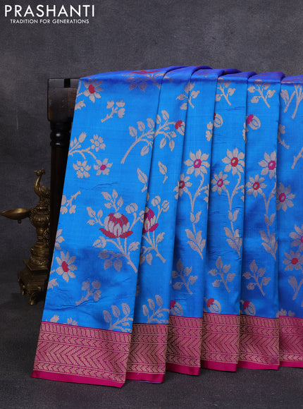 Banarasi katan silk saree blue and magenta pink with allover zari woven floral weaves and zari woven border