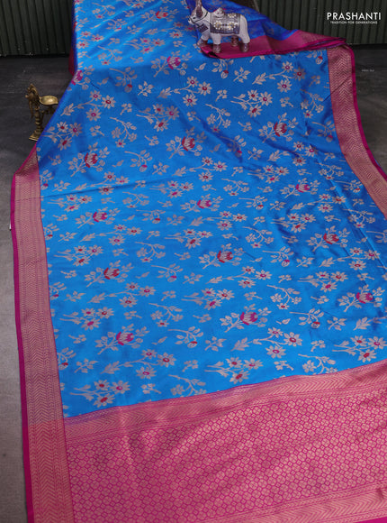 Banarasi katan silk saree blue and magenta pink with allover zari woven floral weaves and zari woven border