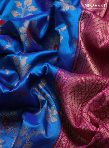 Banarasi katan silk saree blue and magenta pink with allover zari woven floral weaves and zari woven border