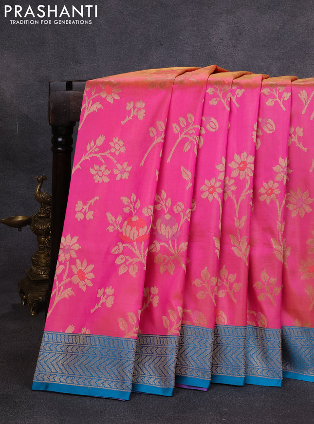 Banarasi katan silk saree dual shade of pink and cs blue with allover zari woven floral weaves and zari woven border