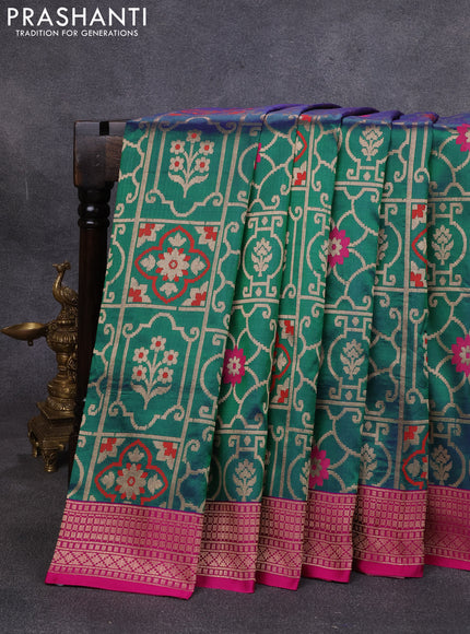 Banarasi katan silk saree dual shade of bluish green and magenta pink with allover zari woven brocade weaves and zari woven border