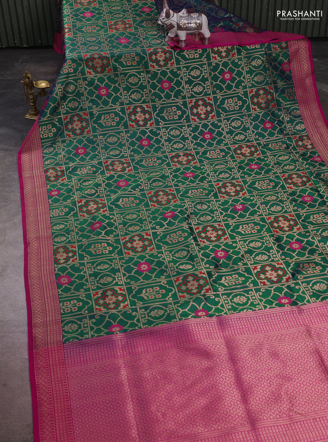 Banarasi katan silk saree dual shade of bluish green and magenta pink with allover zari woven brocade weaves and zari woven border