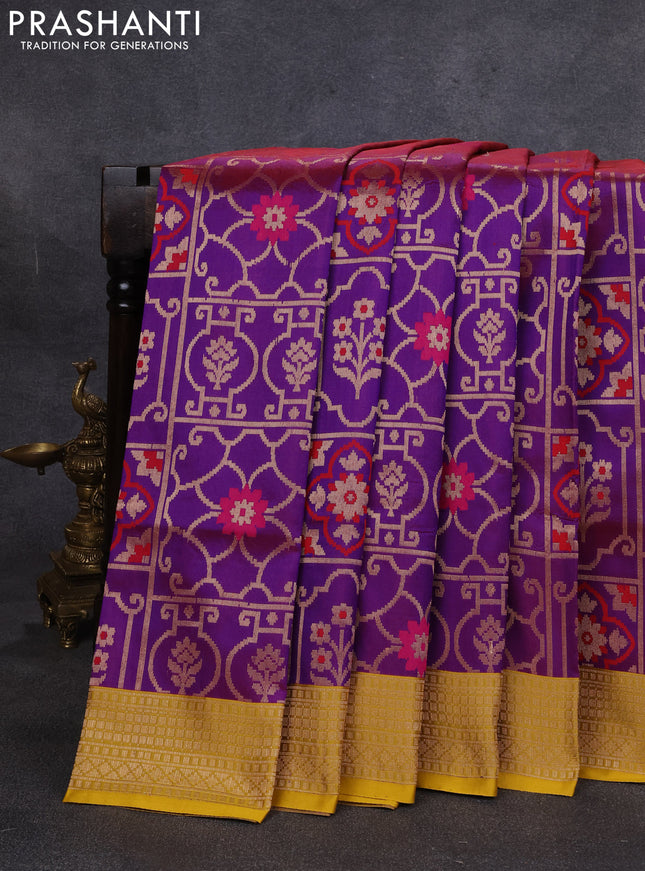 Banarasi katan silk saree purple and yellow with allover zari woven brocade weaves and zari woven border