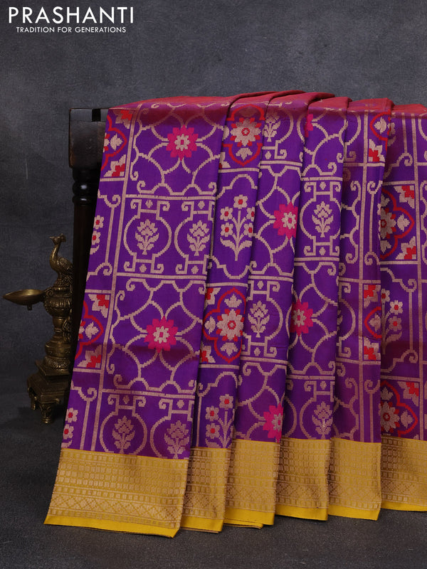 Banarasi katan silk saree purple and yellow with allover zari woven brocade weaves and zari woven border