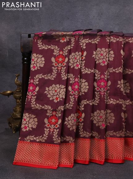 Banarasi katan silk saree deep wine and red with allover zari woven floral weaves and zari woven border