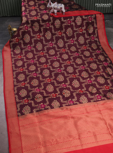 Banarasi katan silk saree deep wine and red with allover zari woven floral weaves and zari woven border