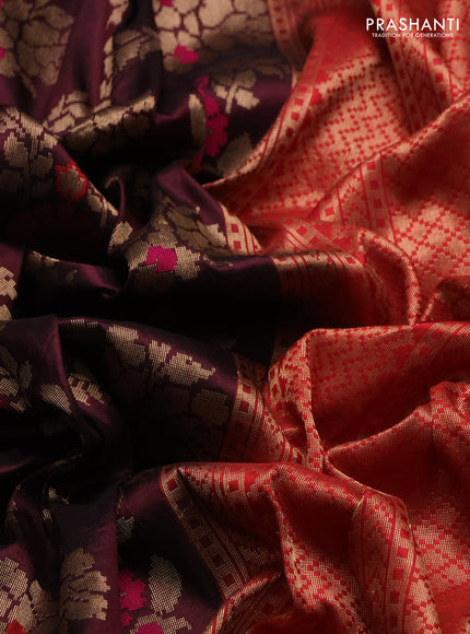 Banarasi katan silk saree deep wine and red with allover zari woven floral weaves and zari woven border