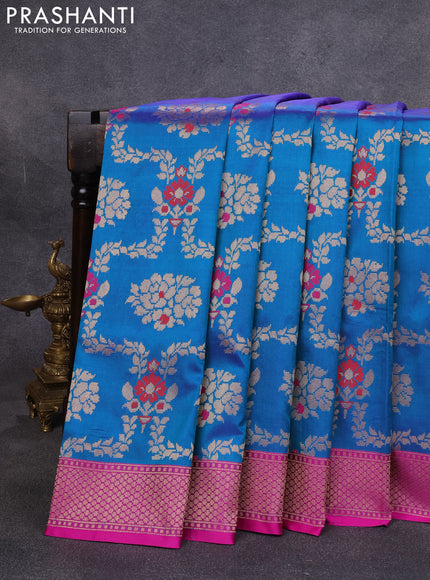 Banarasi katan silk saree dual shade of blue and magenta pink with allover zari woven floral weaves and zari woven border