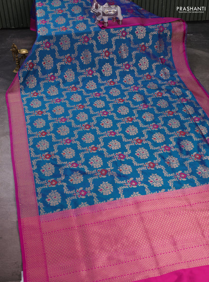 Banarasi katan silk saree dual shade of blue and magenta pink with allover zari woven floral weaves and zari woven border