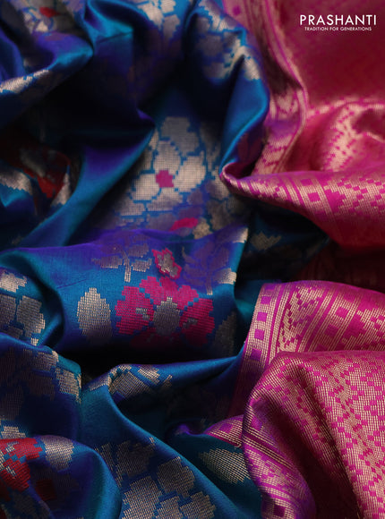 Banarasi katan silk saree dual shade of blue and magenta pink with allover zari woven floral weaves and zari woven border
