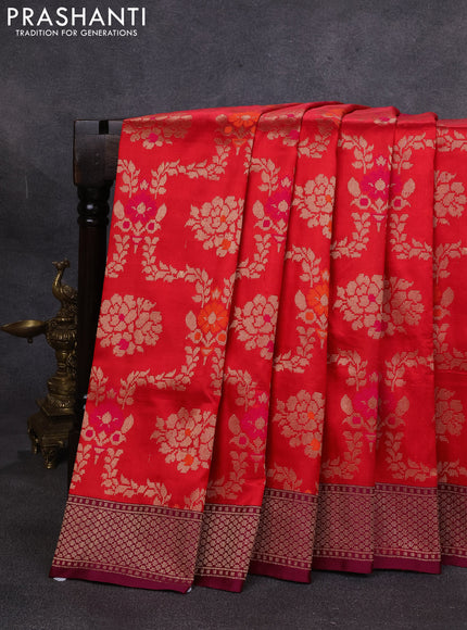 Banarasi katan silk saree red and wine shade with allover zari woven floral weaves and zari woven border